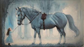 A little girl holding a white horse